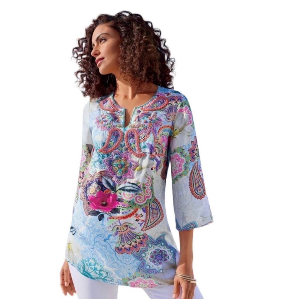 Soft surroundings floret tunic floral and beaded tunic, 3/4 sleeves sleeves